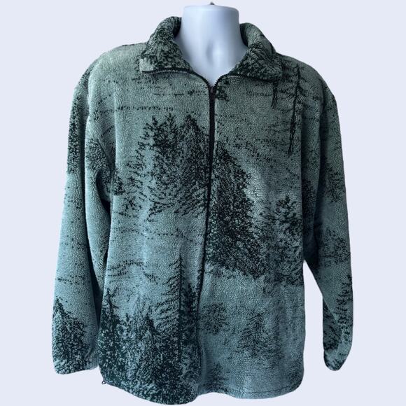 Ocean East M Vintage Fleece Zip Up Jacket Green Forest Print 90s Relaxed Fit - Picture 1 of 5